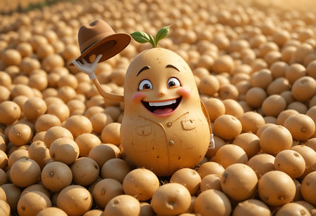 A cartoon potato character, dressed in a khaki explorer outfit and hat, is depicted with a joyful expression, waving hello amidst a large pile of potatoes. Generative Aiの素材