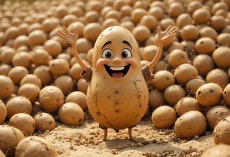 A cheerful, cartoon potato character with arms raised in joy stands amidst a large pile of potatoes in a field. Generative Aiの素材