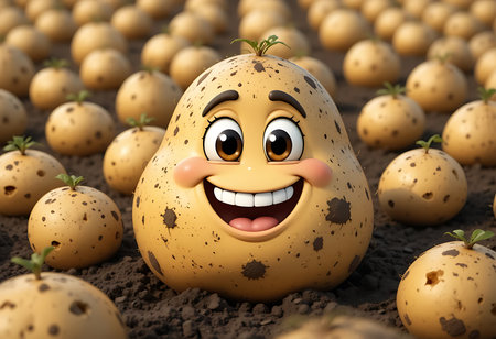 A close-up of a happy, cartoonish squash or pumpkin with a face, set in a field of similar produce. Generative Aiの素材