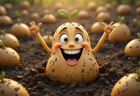 A cheerful cartoon potato character, covered in dirt, is depicted emerging from the soil. Generative Aiの素材