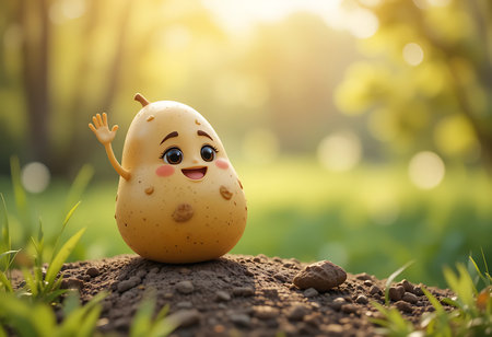 A cheerful, cartoon potato character, depicted in a light golden-yellow hue with brown spots, stands in a patch of dirt with vibrant green grass. Generative Aiの素材