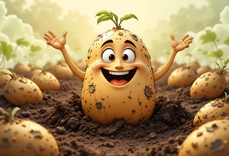 A cheerful cartoon potato character, covered in dirt, is depicted emerging from the soil. Generative Aiの素材