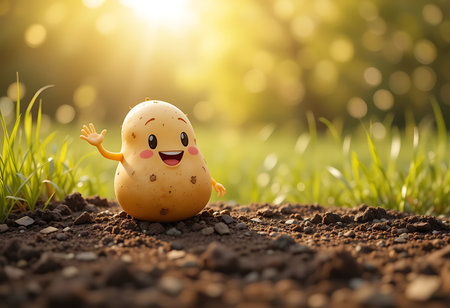 A cheerful, cartoon potato character, depicted in a light golden-yellow hue with brown spots, stands in a patch of dirt with vibrant green grass. Generative Aiの素材