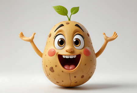 A 3D rendered, cartoon potato character with a joyful expression and arms raised in excitement. Generative Aiの素材