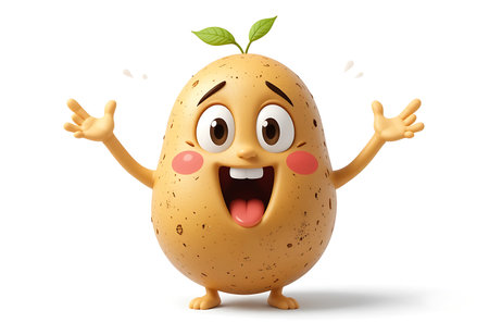 A 3D rendered, cartoon potato character with a joyful expression and arms raised in excitement. Generative Aiの素材