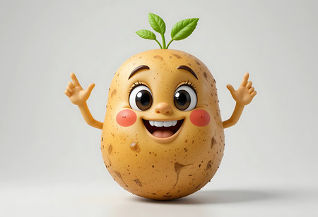 A 3D cartoon potato with a happy expression and raised arms against a plain light gray background. Generative Aiの素材