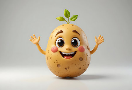 A 3D cartoon potato with a happy expression and raised arms against a plain light gray background. Generative Aiの素材