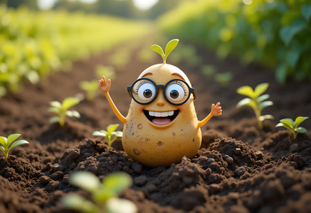 A happy, cartoon potato wearing glasses is nestled in the soil of a garden. Generative Aiの素材