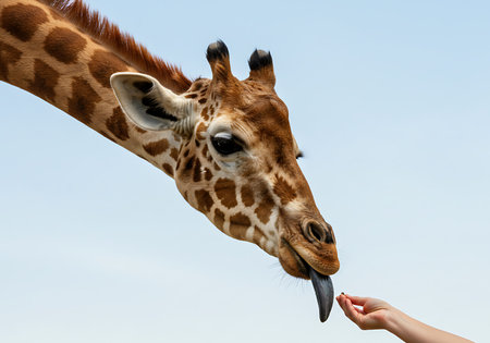 Close-up of a giraffe's head and neck, with its long tongue extending towards a hand holding a small treat. Generative Aiの素材