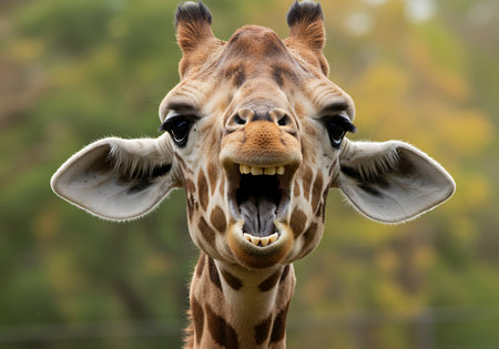 A close-up shot of a giraffe's head and neck, mouth wide open, showcasing its tongue. Generative Aiの素材