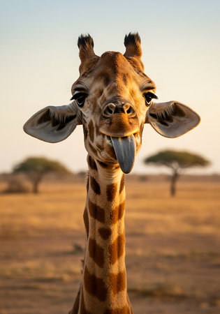 Close-up of a giraffe's head and neck, showing its tongue sticking out, in a beautiful African savanna setting at sunrise or sunset. Generative Aiの素材