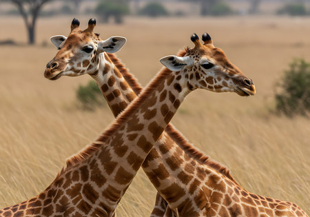 Close-up of two giraffes with their necks intertwined, standing in a golden savanna. Generative Aiの素材