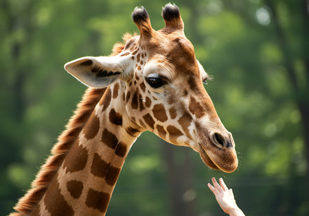 A close-up view of a giraffe's head and neck, focusing on its expressive eyes and patterned coat. Generative Aiの素材