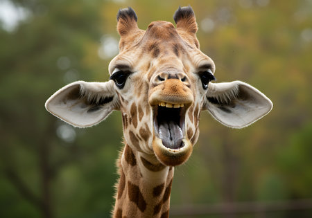 A close-up shot of a giraffe's head and neck, mouth wide open, showcasing its tongue. Generative Aiの素材