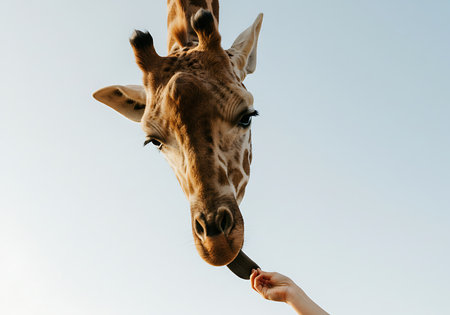 Close-up of a giraffe's head and neck, with its long tongue extending towards a hand holding a small treat. Generative Aiの素材