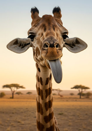 Close-up of a giraffe's head and neck, showing its tongue sticking out, in a beautiful African savanna setting at sunrise or sunset. Generative Aiの素材