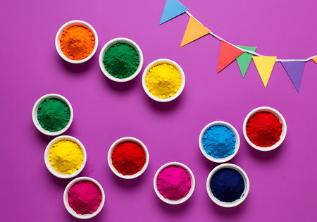 Vibrant display of various Holi colors in small white bowls, arranged artfully on a bright purple background. Generative Aiの素材