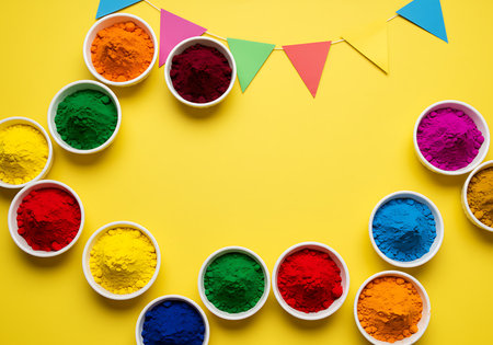 An overhead shot of bowls filled with various vibrant Holi colors, including pinks, reds, blues, greens, yellows, and oranges. Generative Aiの素材