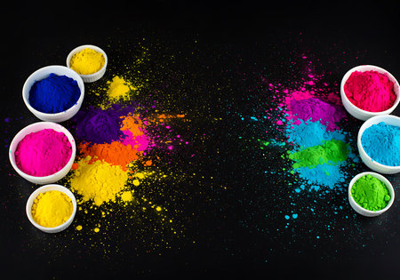 Colorful Holi powder spills and splashes across a dark surface, creating a festive and vibrant mood. Generative Aiの素材