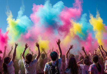 A vibrant scene of a large group of people at a Holi festival. Generative Aiの素材