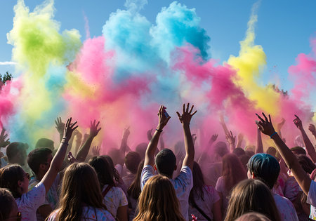 A vibrant scene of a large group of people at a Holi festival. Generative Aiの素材