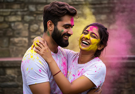 A joyful couple, covered in vibrant Holi colors, embraces outdoors in front of a stone wall. Generative Aiの素材