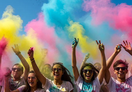 A vibrant image of a group of young adults joyfully celebrating the Holi festival. Generative Aiの素材