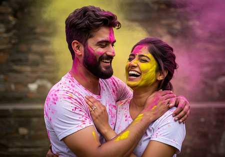 A joyful couple, covered in vibrant Holi colors, embraces outdoors in front of a stone wall. Generative Aiの素材