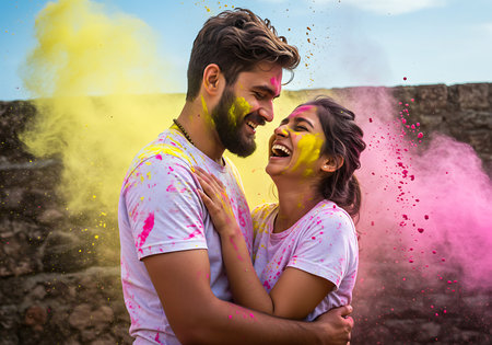 A joyful couple embraces amidst a vibrant Holi celebration. Generative Aiの素材