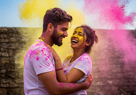 A joyful couple embraces amidst a vibrant Holi celebration. Generative Aiの素材