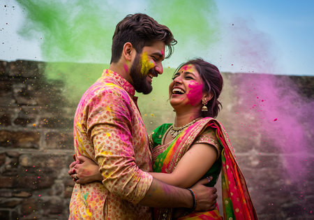 A joyful couple embraces amidst a vibrant Holi celebration. Generative Aiの素材