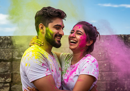 A joyful couple embraces amidst a vibrant Holi celebration. Generative Aiの素材
