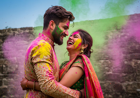 A joyful couple embraces amidst a vibrant Holi celebration. Generative Aiの素材