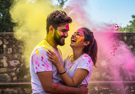 A joyful couple embraces amidst a vibrant Holi celebration. Generative Aiの素材
