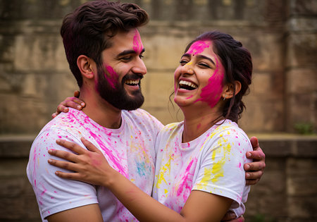 A joyful couple, covered in vibrant Holi colors, embraces outdoors in front of a stone wall. Generative Aiの素材