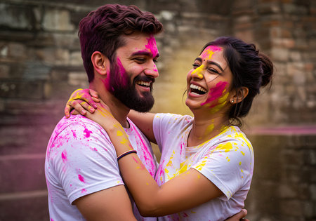 A joyful couple, covered in vibrant Holi colors, embraces outdoors in front of a stone wall. Generative Aiの素材