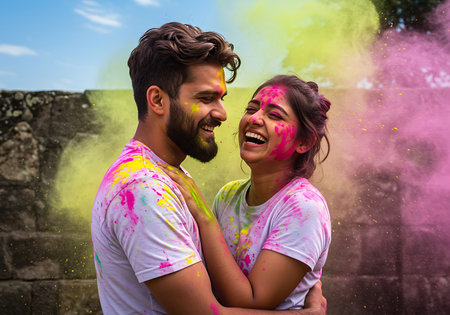 A joyful couple embraces amidst a vibrant Holi celebration. Generative Aiの素材