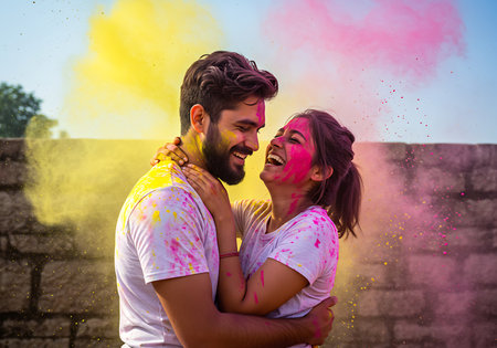 A joyful couple embraces amidst a vibrant Holi celebration. Generative Aiの素材