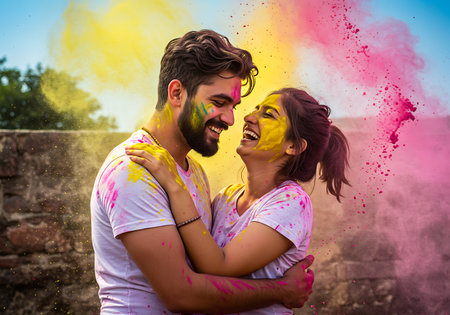 A joyful couple embraces amidst a vibrant Holi celebration. Generative Aiの素材
