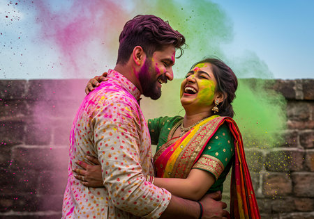 A joyful embrace of a loving couple celebrating the vibrant Indian festival of Holi. Generative Aiの素材