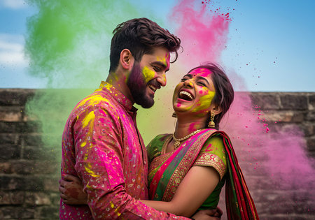 A joyful embrace of a loving couple celebrating the vibrant Indian festival of Holi. Generative Aiの素材