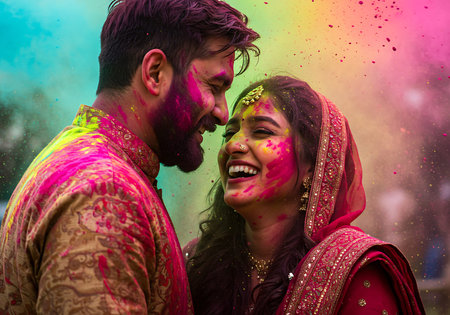 Close-up of a joyful couple embracing during the Holi festival. Generative Aiの素材