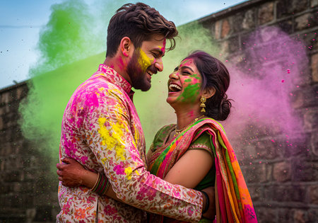 A joyful embrace of a loving couple celebrating the vibrant Indian festival of Holi. Generative Aiの素材