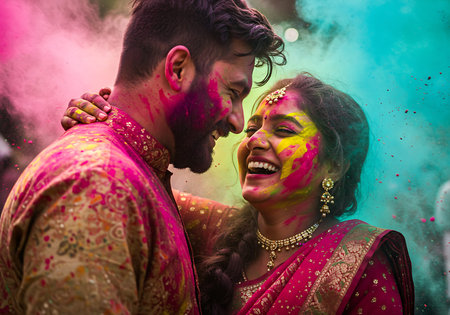 Close-up of a joyful couple embracing during the Holi festival. Generative Aiの素材