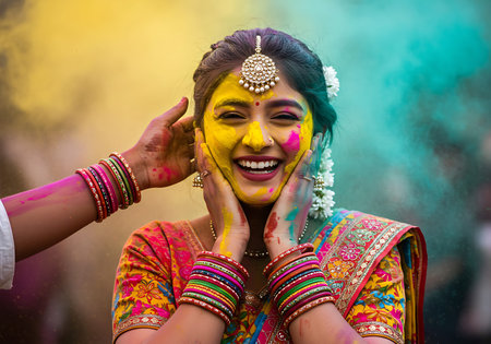 A close-up shot of a woman with vibrant colors of Holi festival painted on her face, while hands apply more color. Generative Aiの素材