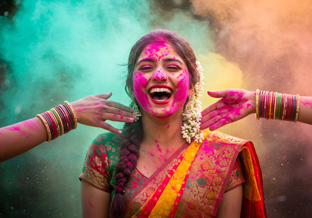 A vibrant close-up portrait of a woman celebrating Holi, the Indian festival of colors. Generative Aiの素材