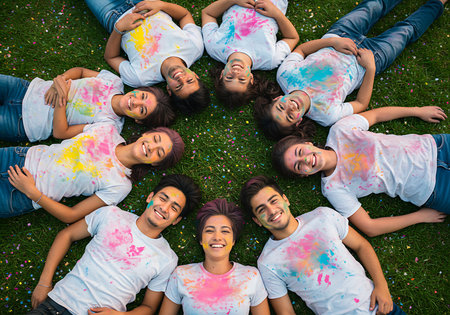 A group of young people, predominantly teenagers, are lying on a grassy field, covered in colorful powder. Generative Aiの素材