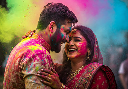 Close-up of a joyful couple embracing during the Holi festival. Generative Aiの素材