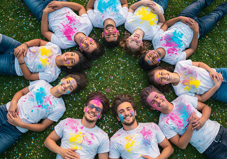 A group of young people, predominantly teenagers, are lying on a grassy field, covered in colorful powder. Generative Aiの素材
