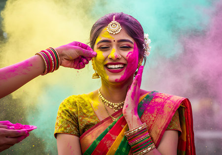 A close-up shot of a woman with vibrant colors of Holi festival painted on her face, while hands apply more color. Generative Aiの素材